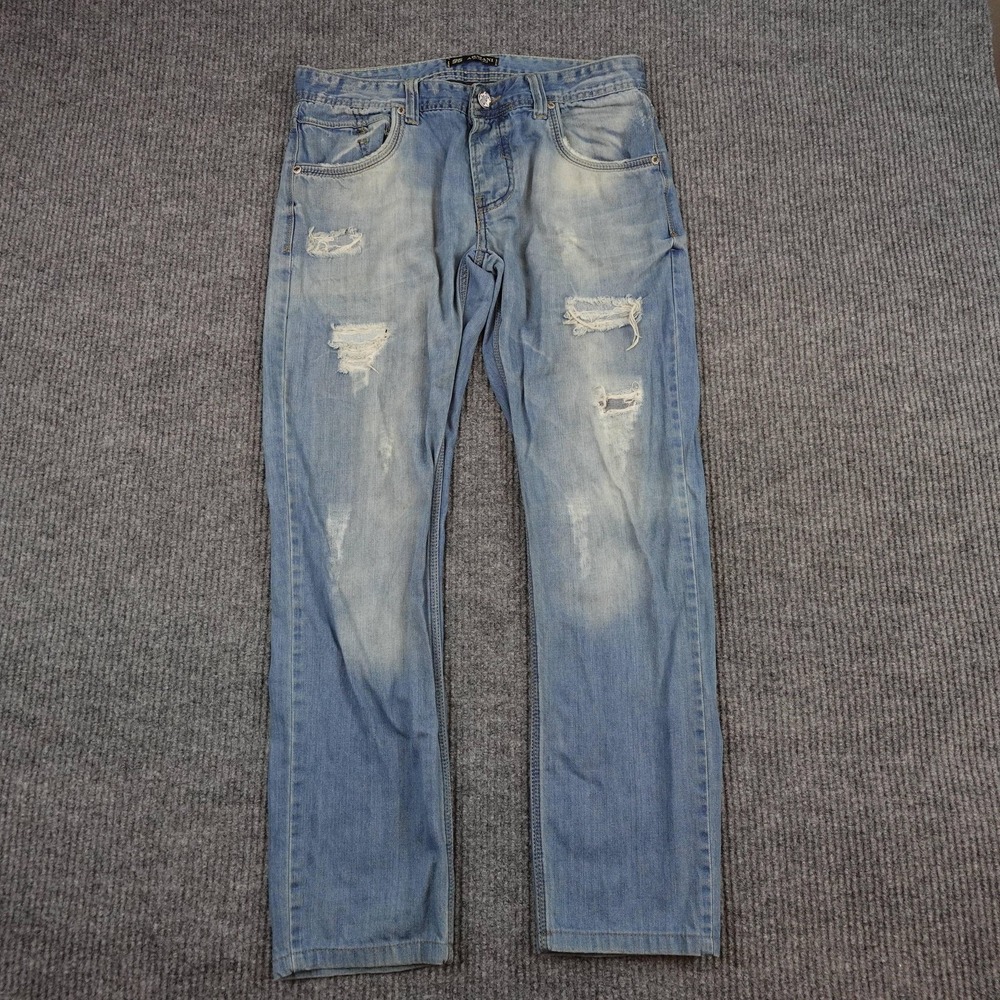 Emporio Armani Jeans Mens 34x29 Light Wash Blue Slim Straight Distressed Denim